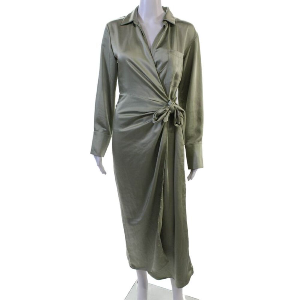 Jason Wu Women Green Collared Shirt Wrap Dress Long Sleeve Midi Acetate Size S